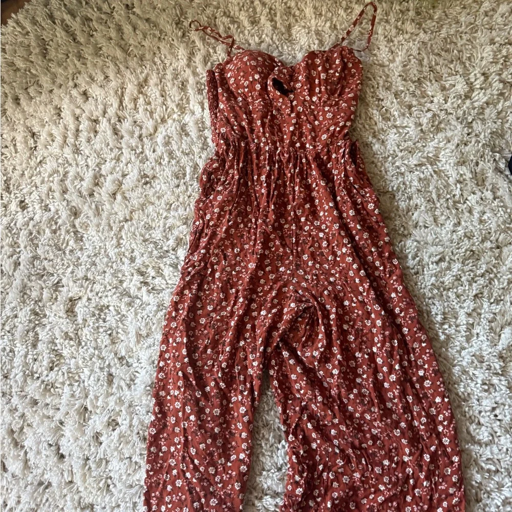 As U Wish Rust Floral Garment jumper jumpsuit fall farmhouse style - Picture 4 of 7